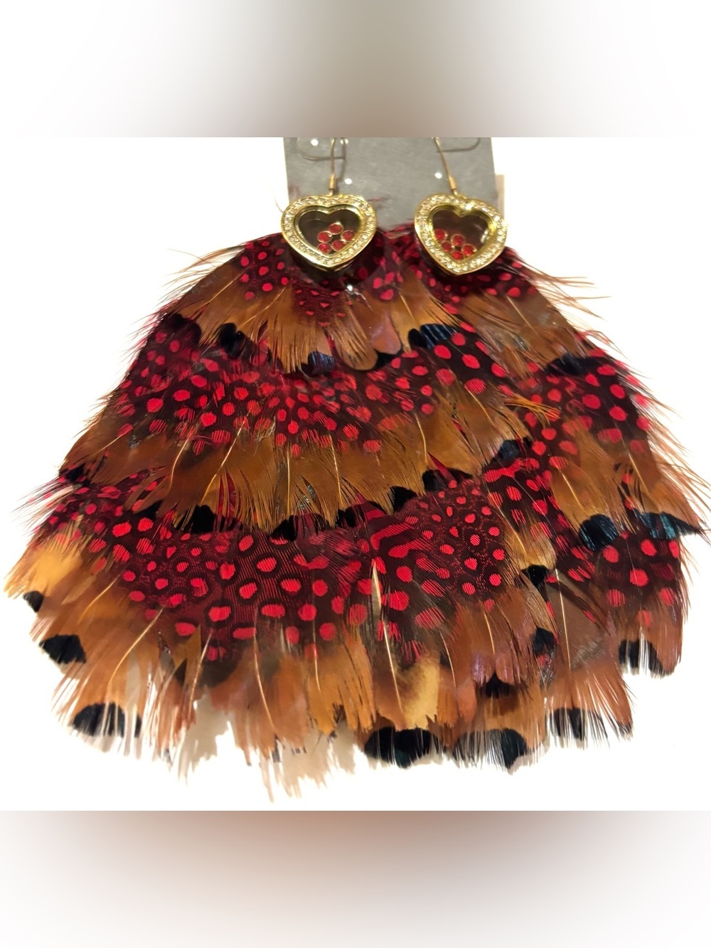 Statement Feather Drop Earrings with Red Polka Dot Feathers
